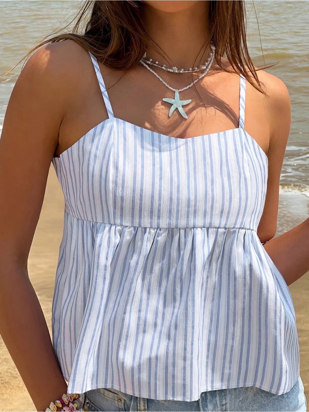 Light Blue Stripe Spaghetti Strap Popover Tank Top